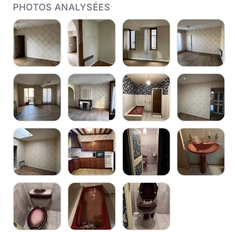 Les photos d'un appartement à rénover analysées par RénoScan : pièces tapissées, salle de bain rose, cuisine ancienne.